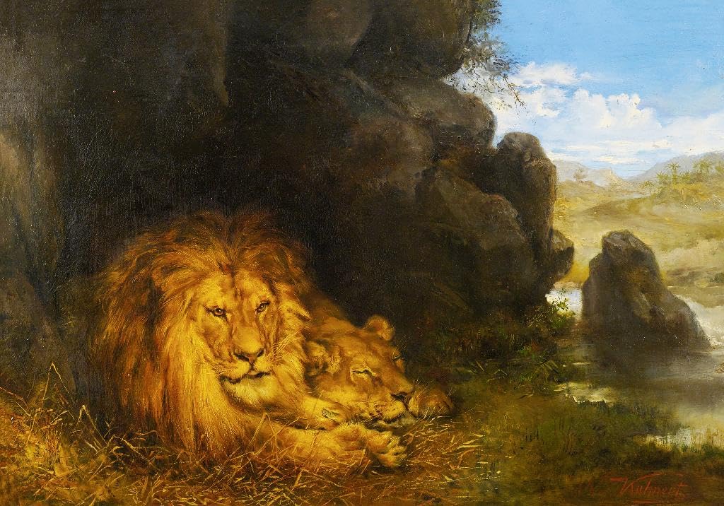 Fizdi - Framed Canvas Wall Painting - Two Lions In A Cave By Wilhelm Kuhnert - Art Print for Home & Office Wall Decor.|20 Inches X 13.9 Inches||PRT_9840-20-14|