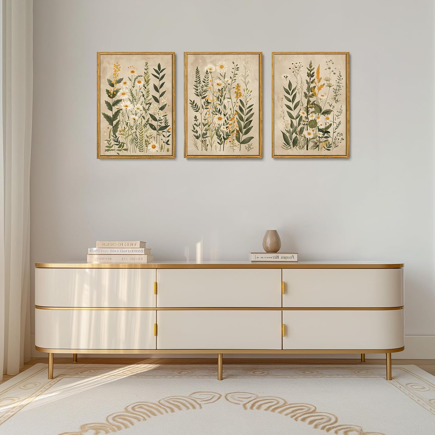 lianyibo 3 szt. Vintage kwiatowy obraz ścienny na płótnie, stokrotki neutralny obraz botaniczny, nowoczesne kwiatowe wydruki artystyczne do salonu (60 x 80 cm x 3 / rama wewnętrzna)