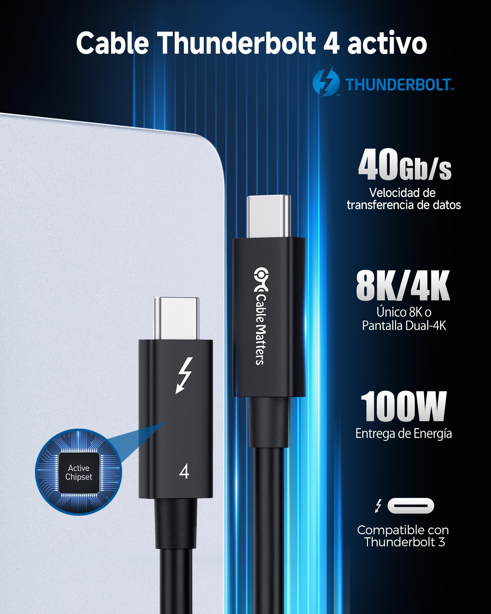 Cable Matters [Intel certificado] 2 m Cable Thunderbolt 4 USB-C activo 40 Gbps con carga de 100 W y vídeo 8K - Universalmente compatible con USB-C, USB4 y Thunderbolt 3