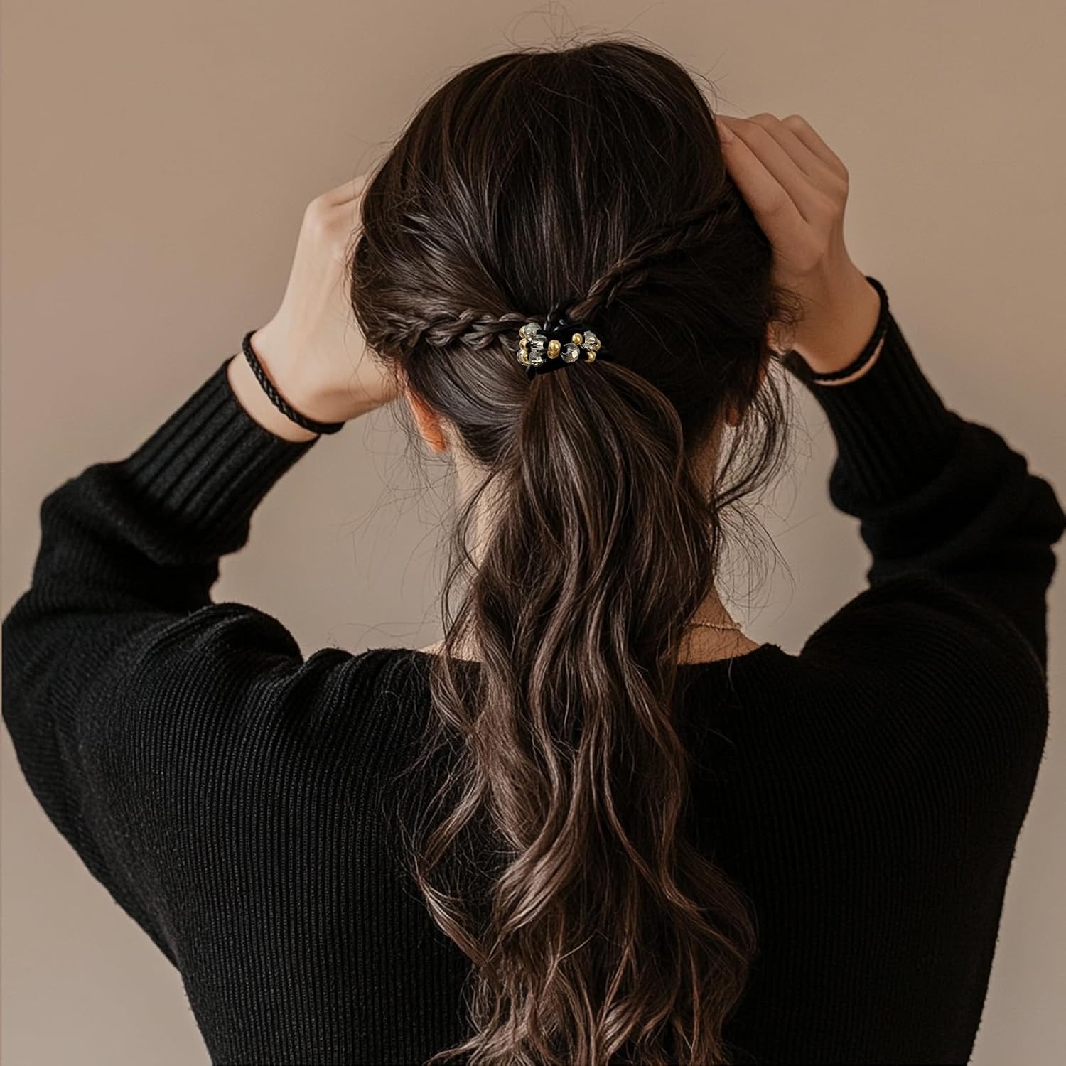 10pcs Brown Hair Ties with Gold & Crystal Beads, Thin Elastic Ponytail Holders for Women