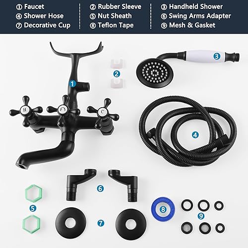 Miniatura 9 de Grifo de bañera para teléfono con pulverizador, para montaje en pared, ducha de mano, 3 manijas cruzadas, relleno de bañera antiguo, centro