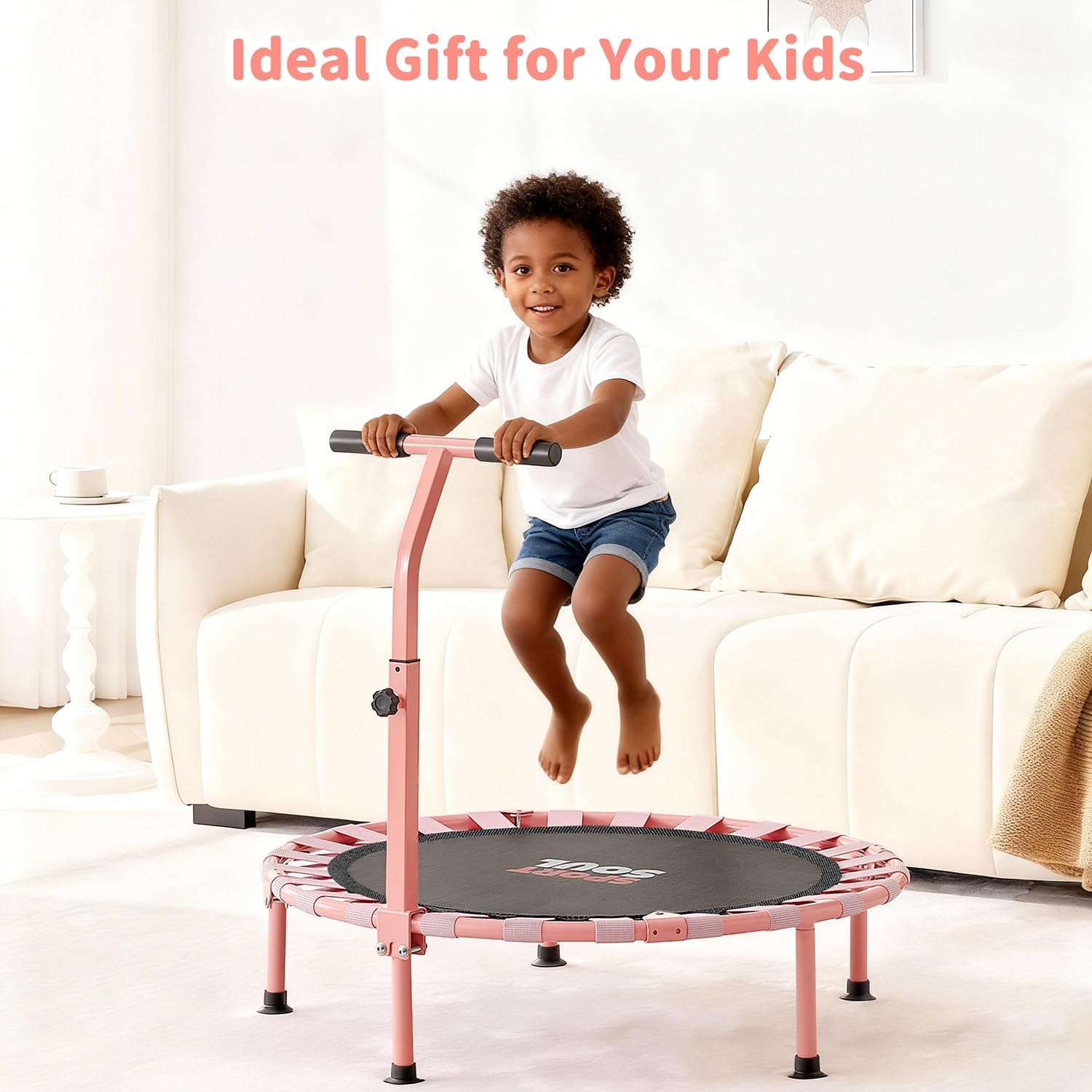 SPORTSOUL 36'' Mini Trampoline for Kids 3-6, Foldable & Spring-Free, Small Toddler Trampoline Indoor Outdoor with Adjustable Handle Bar
