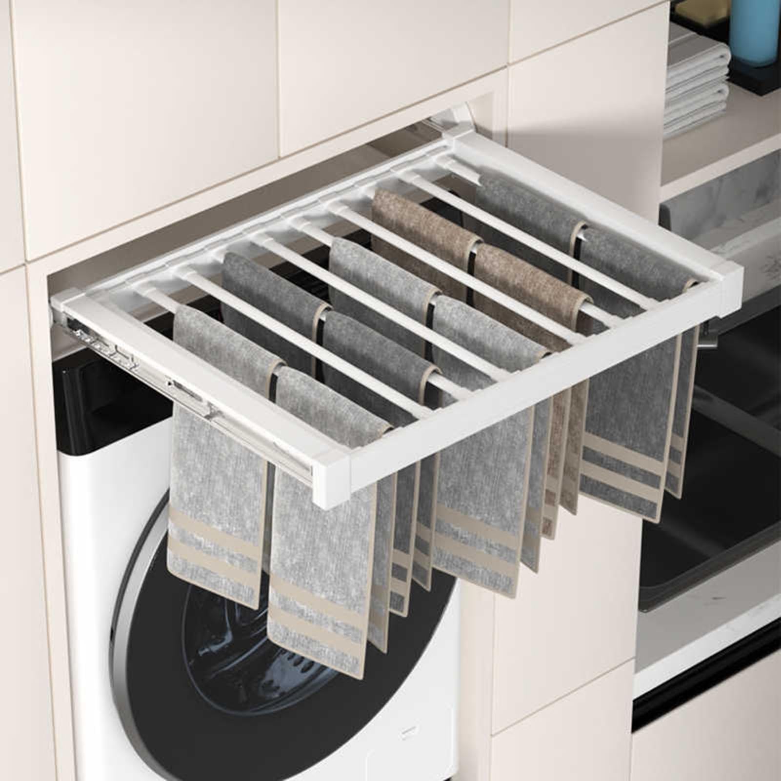Wysuwany wieszak na spodnie, wyjmowany schowek na ubrania, wysuwany drążek na ubrania w stylu szuflady, wózek na kółkach, wysuwany stop aluminium, nośność 30 kg.