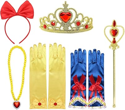 Princess Snow White Dress up Accessories for Girls Princess Belle Snow White Party Favors Gifts Set Including Crown Scepter Wand Necklace Gloves Red Bow Headband