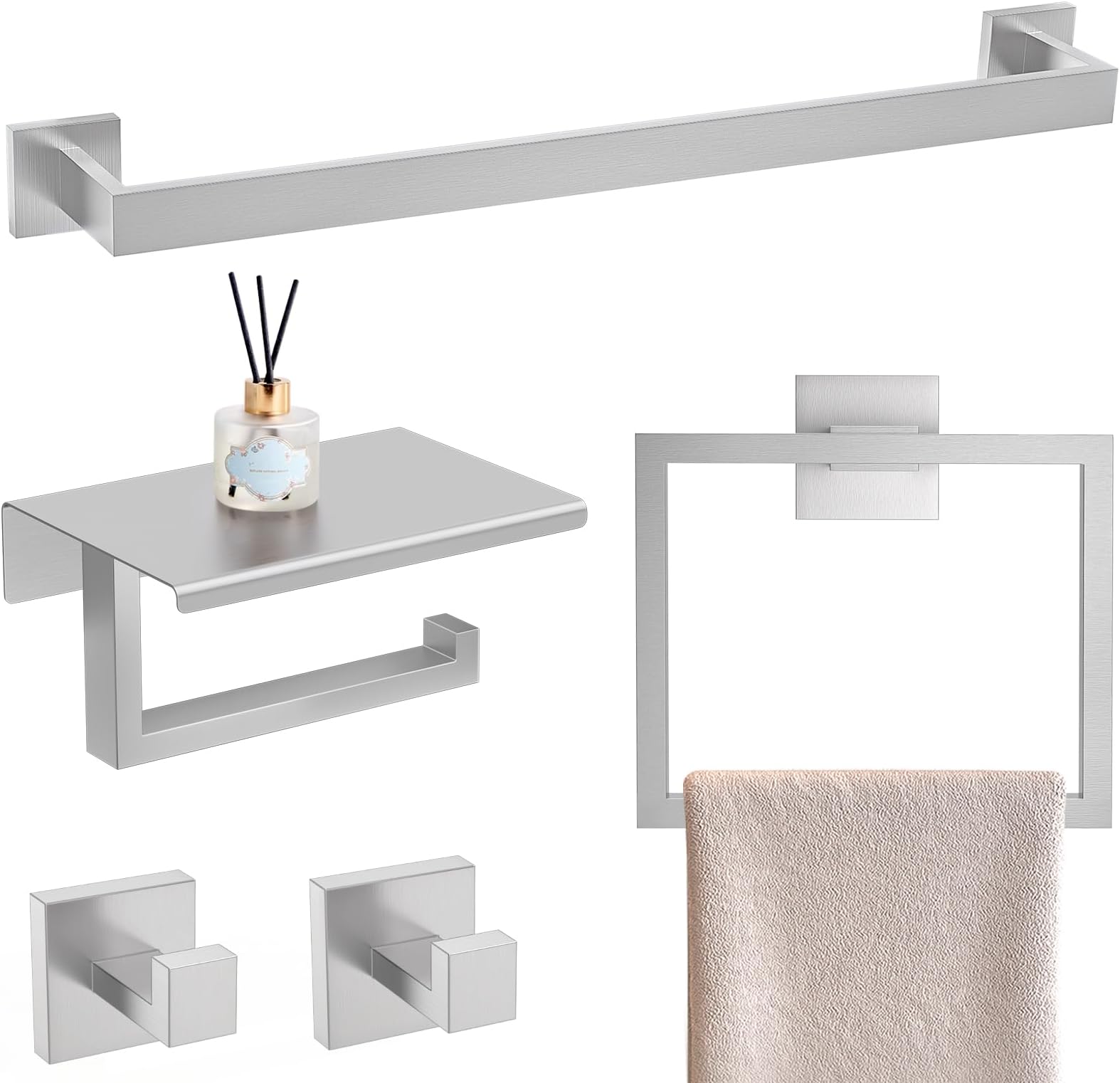 YACVCL 5 Pieces Brushed Nickel Bathroom Accessorie Set 23.6 Inch Towel Bar Set SUS304 Stainless Steel Towel Holder Set for Bathroom,Toilet Paper Holder with Shelf Wall-Mounted Bathroom Hardware Set