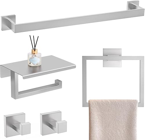 Miniatura 9 de YACVCL Juego de 5 piezas de accesorios de hardware para baño 60 cm Barra de toalla Kit moderno de toallero Acero inoxidable montado en la pared