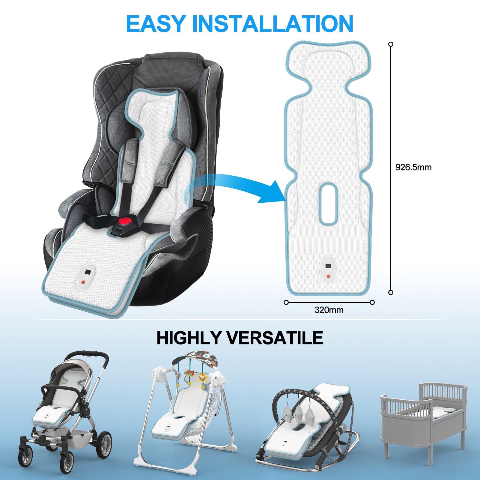 Tappetino di raffreddamento per passeggino, fino a 10 ore di raffreddamento, 10000 mAh, ricaricabile, con 2 ventilatori integrati, 3 velocità, essenziale per l'estate, cuscino rinfrescante per bambini