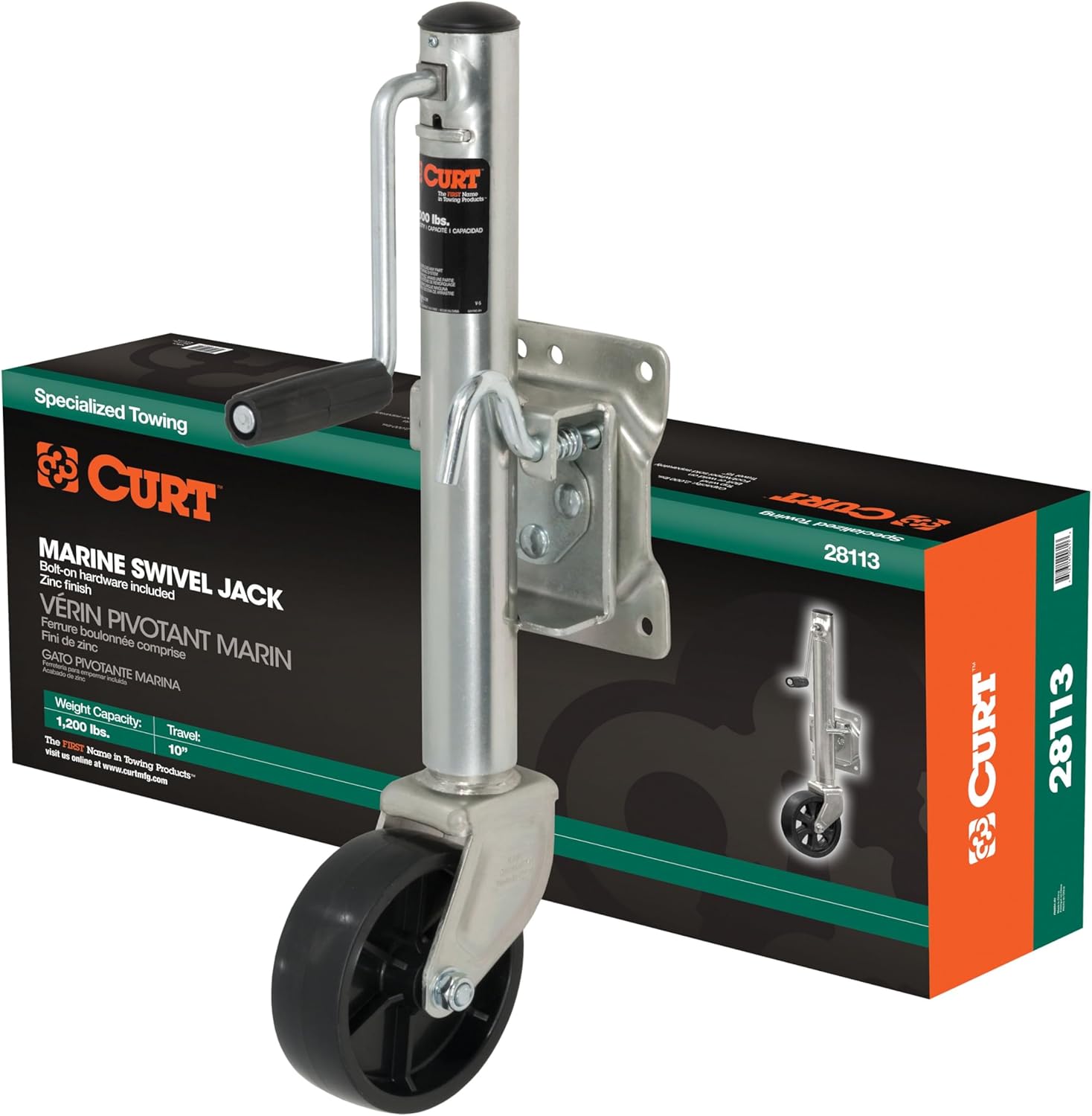 CURT 28113 Marine Boat Trailer Jack with 6-Inch Wheel, 1,200 lbs. 11 Inches Vertical Travel