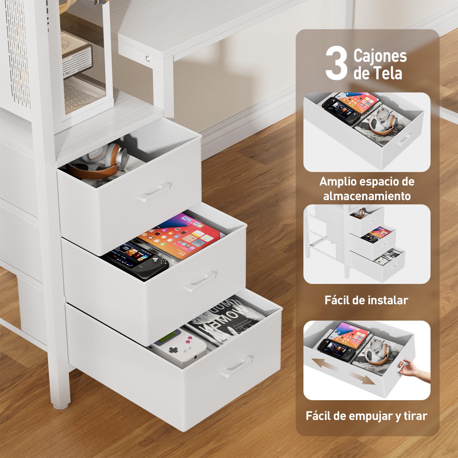 SOLAVERO Escritorio Gaming con LED y Enchufe Integrado, 112cm Mesa Gaming Reversible con Estanteria & Cajones de Tela, Mesa Ordenador con Soporte para Monitor y Gancho para Auriculares, Blanco