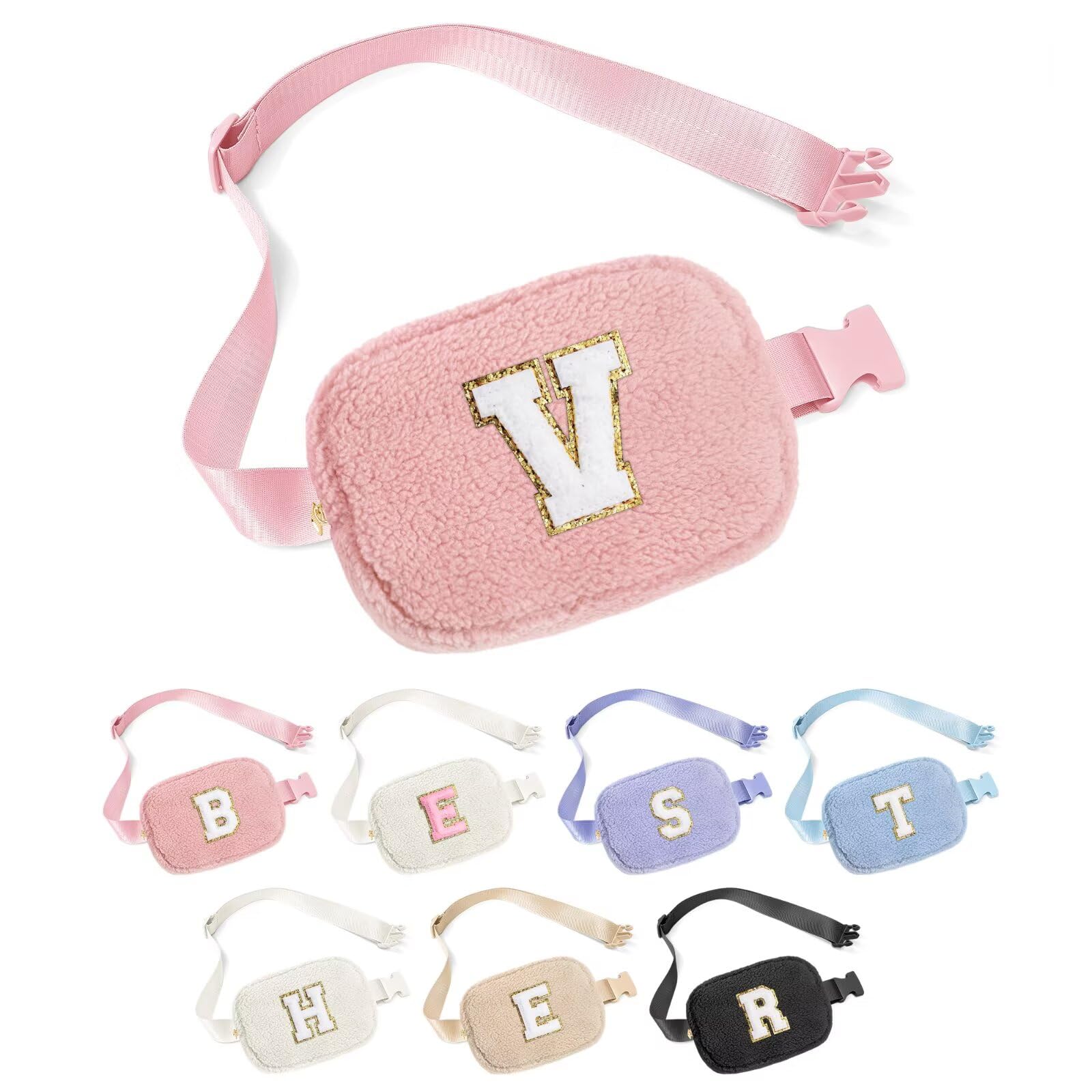 YOOLIFE Teacher Gifts for Women, Teacher Retirement Gifts for Women, Fleece Fanny Pack Belt Bag Initial Crossbody Bag, Pink V