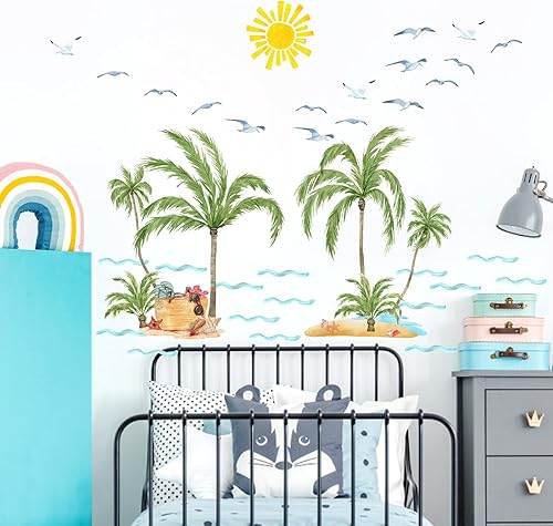 Miniatura 4 de Pegatinas de pared de palmera, grandes tropicales, cocoteros, acuarela, sol, gaviota, calcomanías de pared, olas de mar, verano, playa, temática de