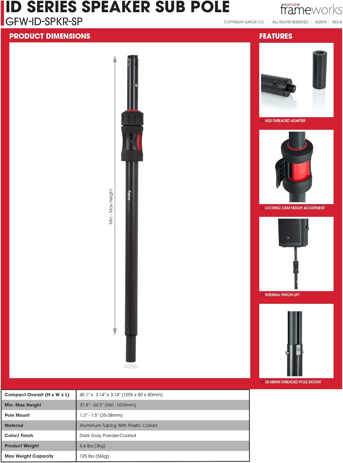 Gator Frameworks ID series Speaker Subwoofer Stand with Lift Assist