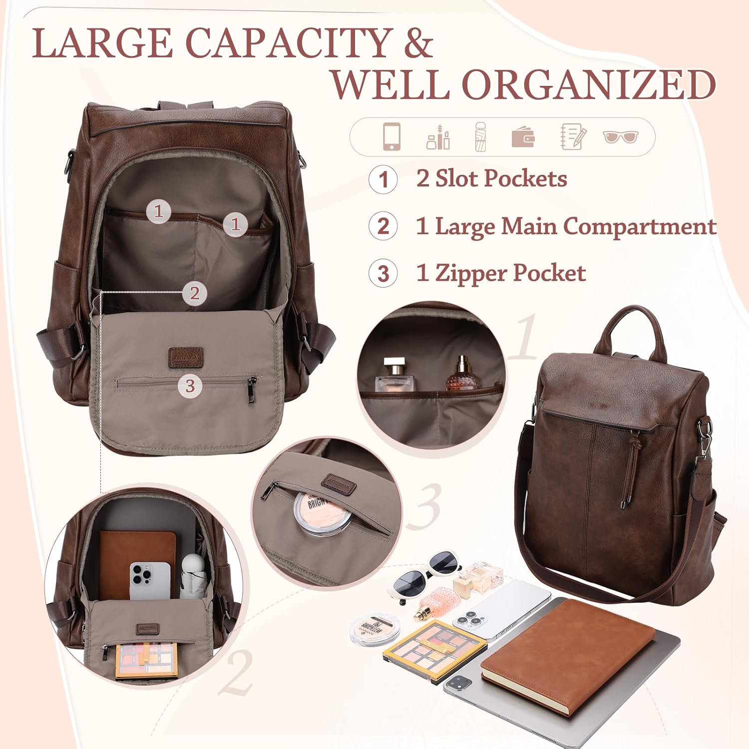 VX VONXURY Backpack Purse for Women Faux Leather Anti-Theft Backpack With Detachable Shoulder Strap Fashion Women Handbag For Daily Work Travel - Image 3