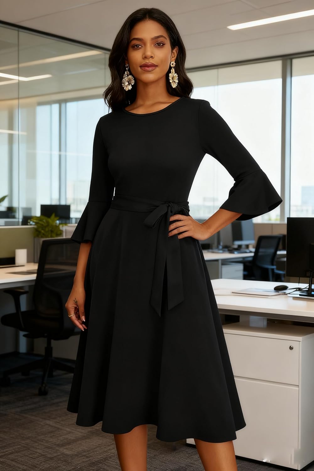 NMODER Women's Cocktail Dresses - Vintage Bell Sleeve Wedding Geust Tea Party Midi Dress with Belt - Image 2