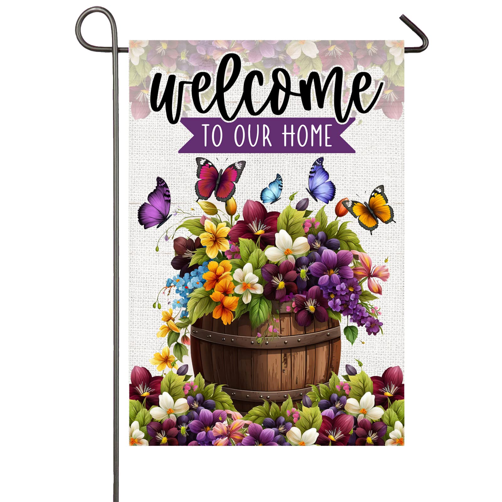 Gartenflagge „Welcome To Our Home“ – Doppelseitig, Lila Blumen