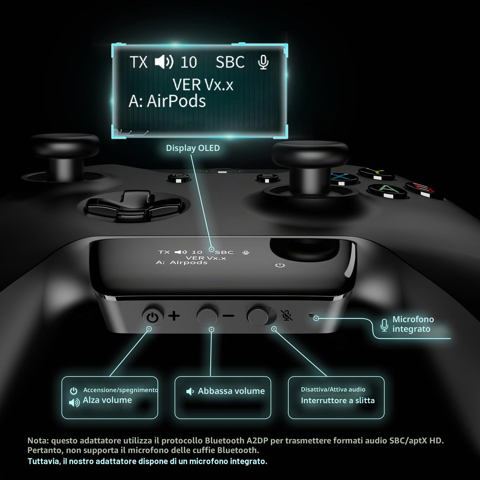 Adattatore Audio Wireless Bluetooth 5.2 per Controller Xbox One, Series X|S e Elite 2, Adattatore Xbox Mic con Schermo Supporta Bassa Latenza