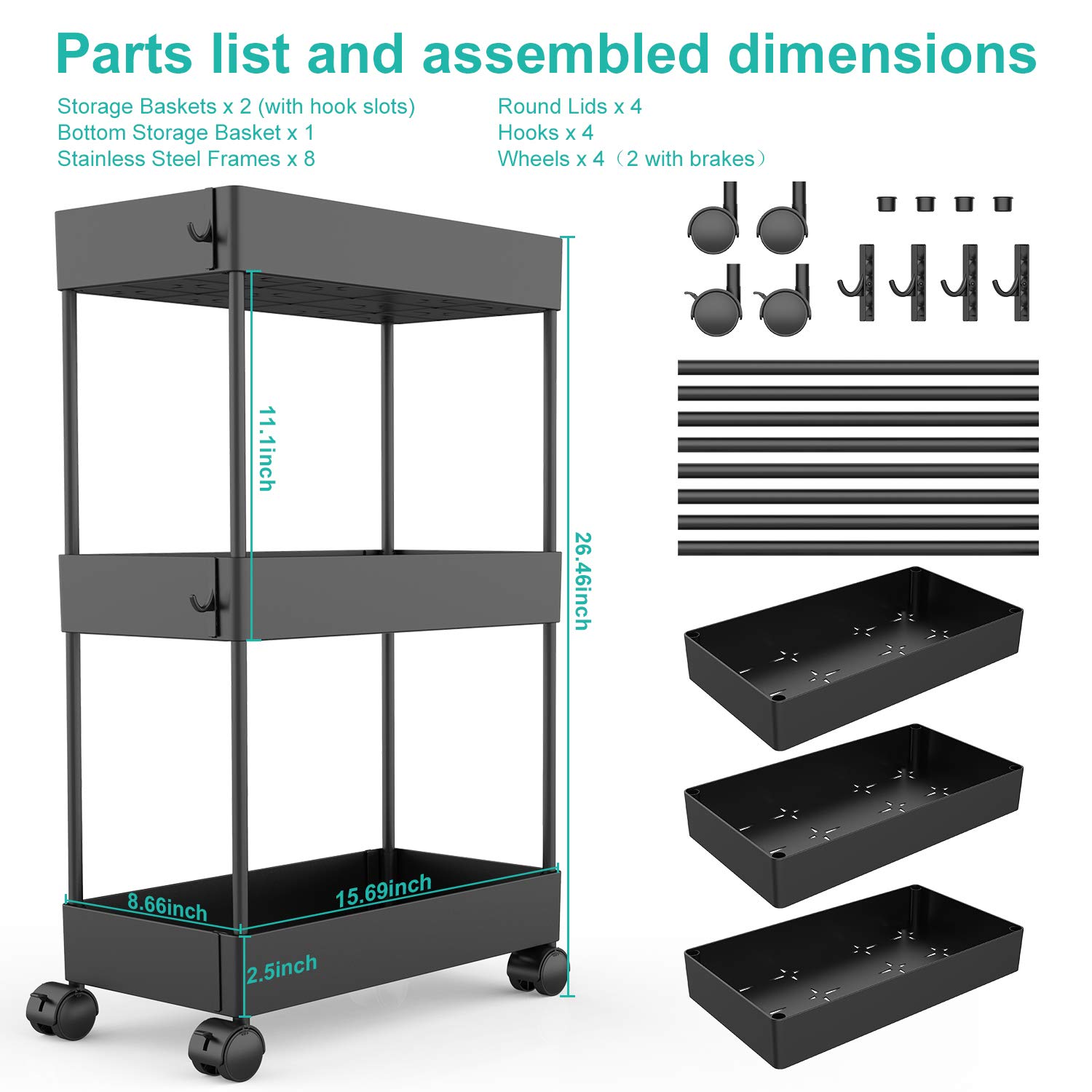 Storage Trolley,Bathroom Trolley 3Tier Slide Out Storage Cart Rolling