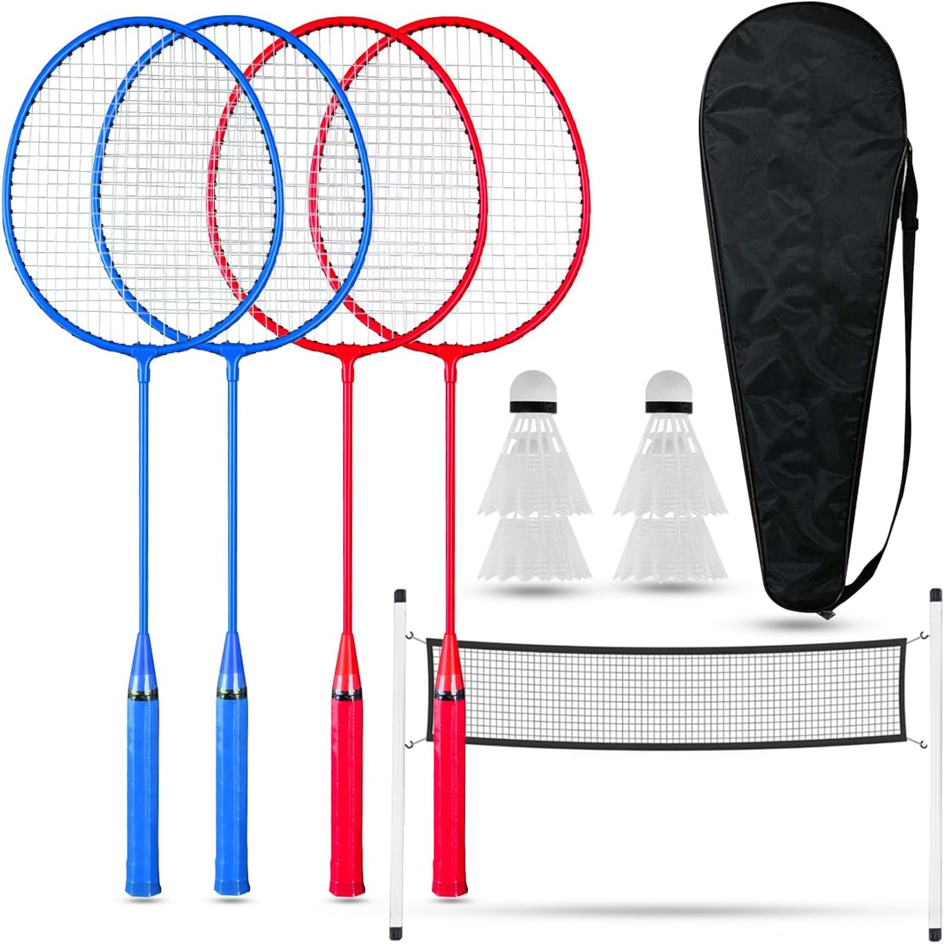 FK Sports 4 Player Badminton Set with Net, Outdoor Backyard Games, 4 Rackets, 4 Nylon Shuttlecocks, Racket Carry Bag,16.5ft Badminton Net With Poles and Anchors, Kids & Adults, Garden, Beach Play