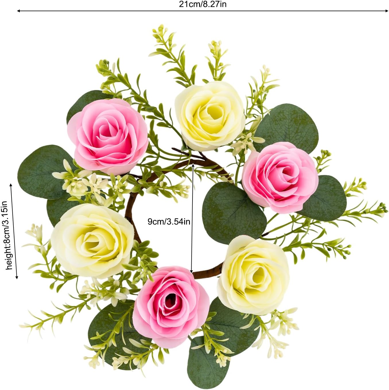 10 PCS Artificial Rose Candle Rings Wreaths, Floral Decor for Pillar Candle, Floral Wreaths Centerpieces for Wedding Tables Party Valentine Day Home Dinner Decoration (Pink+White)