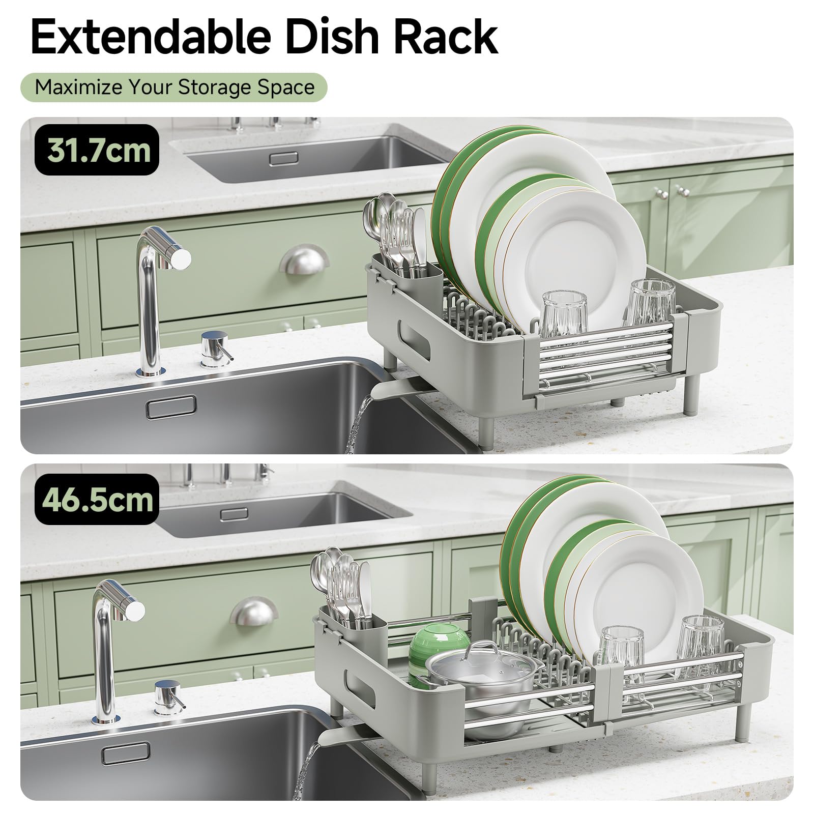 KINGRACK Scolapiatti, Grigio Bianco | Estensibile, Pieghevole, Acciaio Inox, Portaposate Rimovibile, Antigraffio