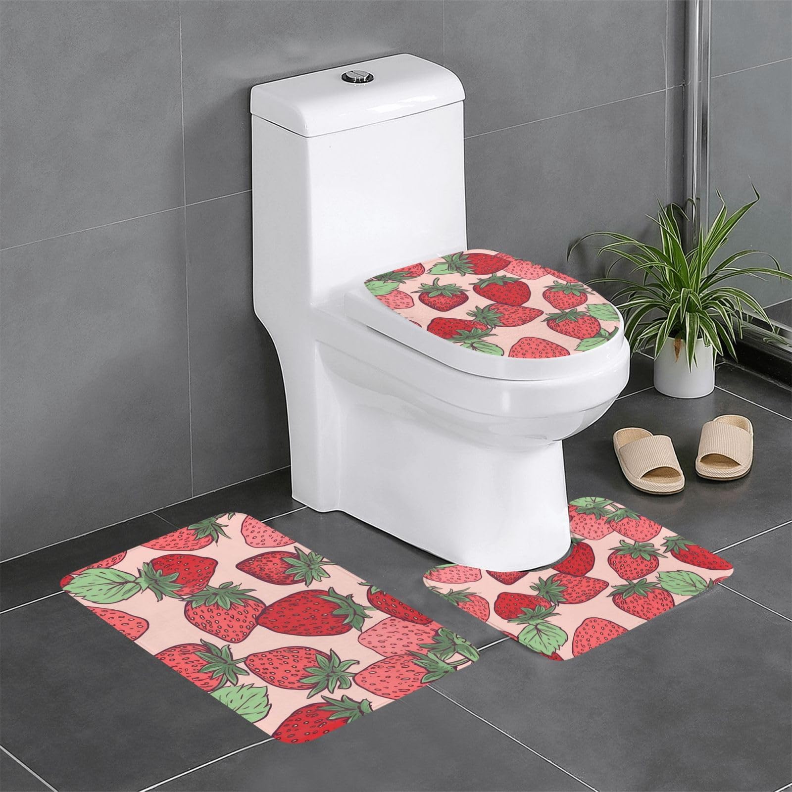 Tapis WC contour et housse d'abattant motif fraise pour sol de salle d'eau
