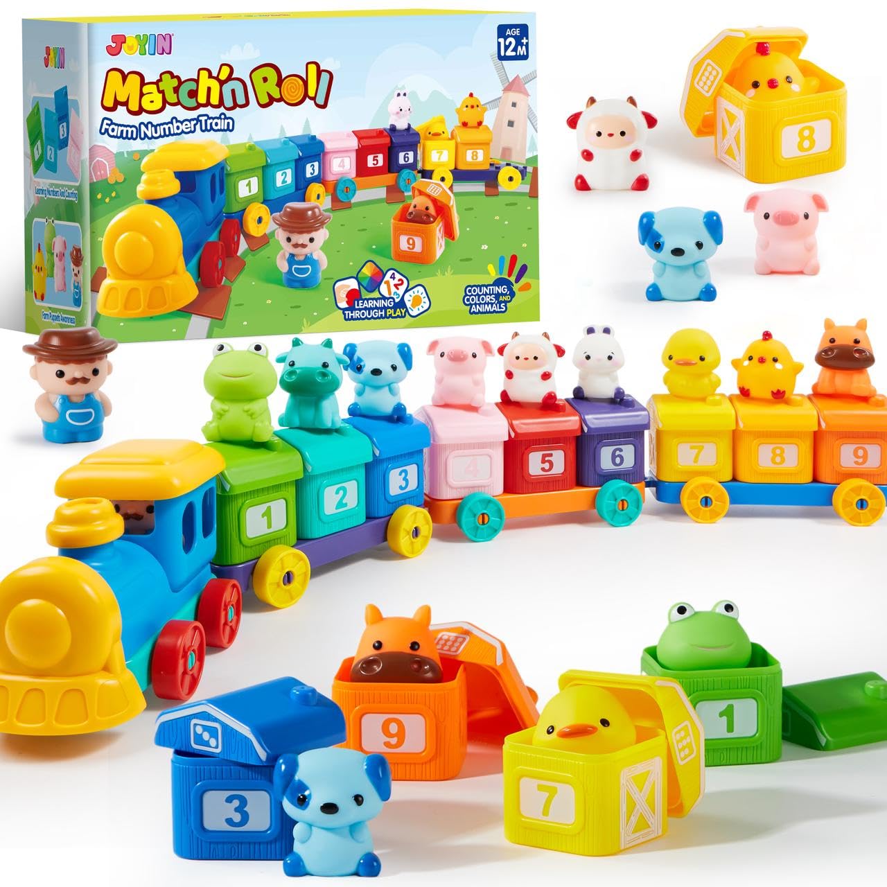 Play-Act Montessori Juguete, Animales Juguete Niño 1 2 3 Años Tren de Granja para Contar, Combinar y Clasificar, Que Incluye 9 Animales Granja y 1 Granjero, Juguete Aprendizaje, Regalo Niño 1 2 Años