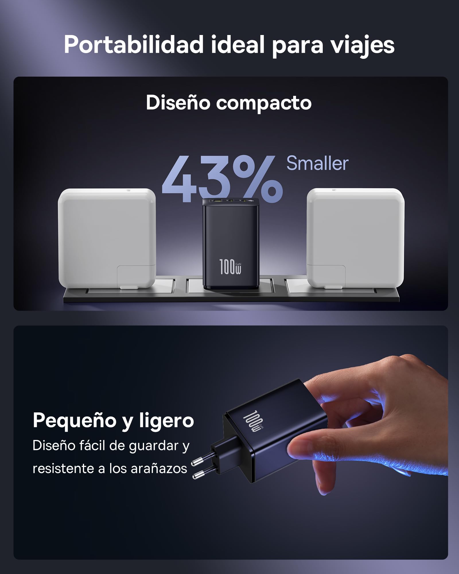 Baseus Enerfill Cargador USB C 100W, 3 Puertos USB C, PD con PPS, GAN Cargador Carga Rapida Compatible con MacBook Pro/Air, iPad Pro, iPhone 17/16/15/14/13 Serie, Galaxy S25/24, Pixel 9 8, Steam Deck