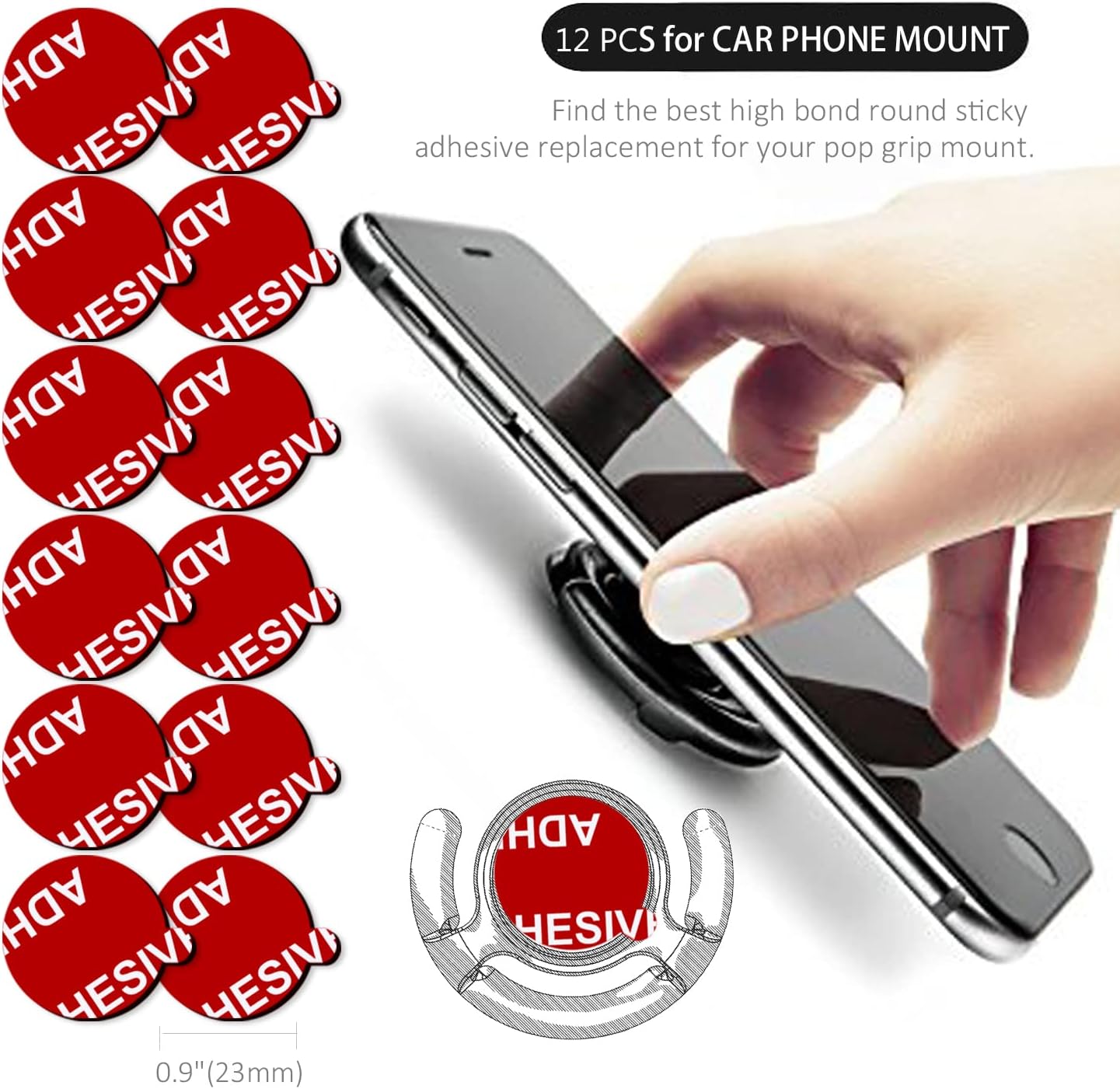 Very High Bond Sticky Adhesive, AZXYI 12 PCS Double Side Stickers Adhesive Replacement Compatible with Socket Mount Base, Round Adhesive Tape for Car Magnetic Phone Holder Base & Phone Ring Holer Base