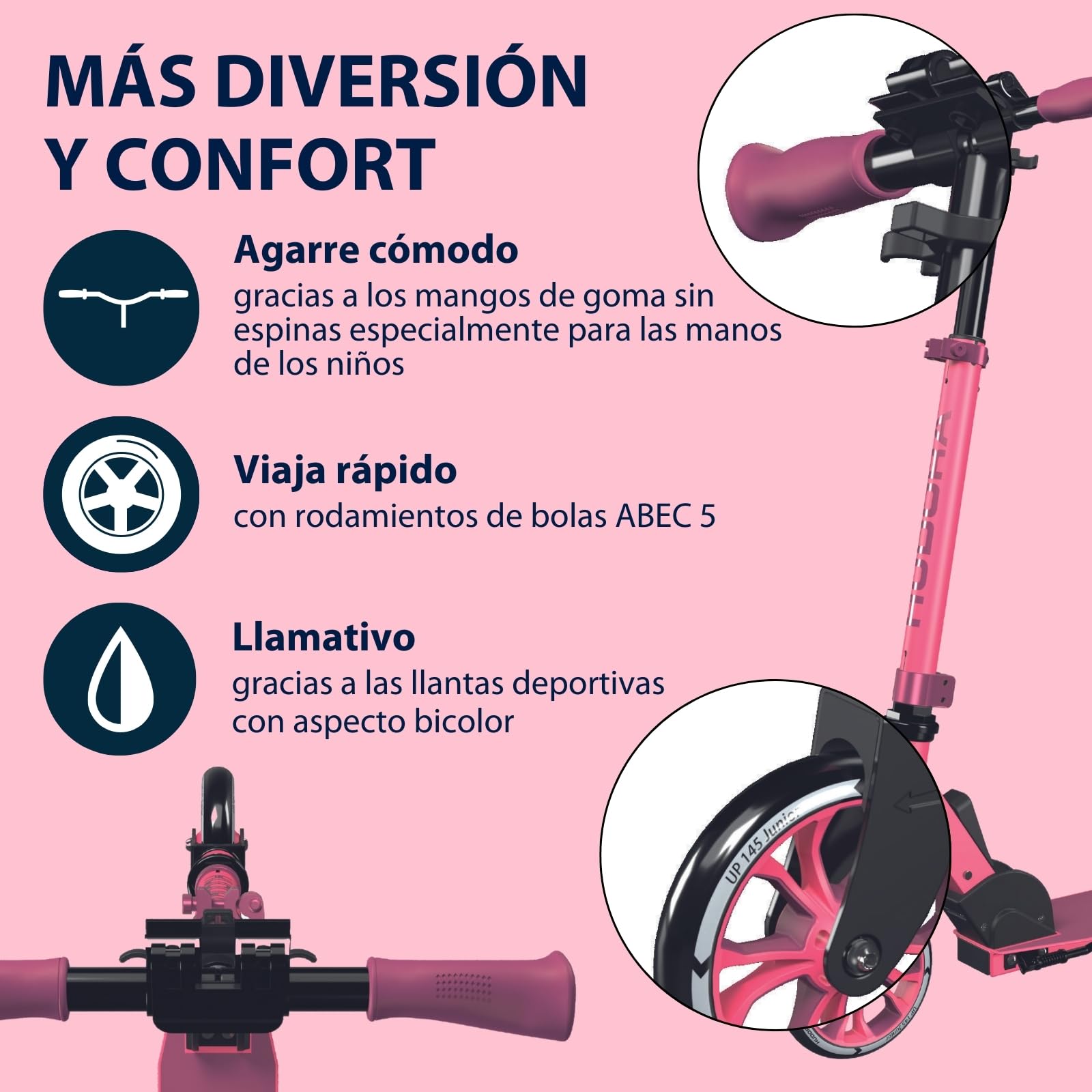 HUDORA Scooter Up 145 Junior - Patinete infantil seguro a partir de 3 años - Patinete urbano plegable con ruedas de 145 mm - Patinete ajustable en altura para niños y niñas de hasta 60 kg, pixie/berry