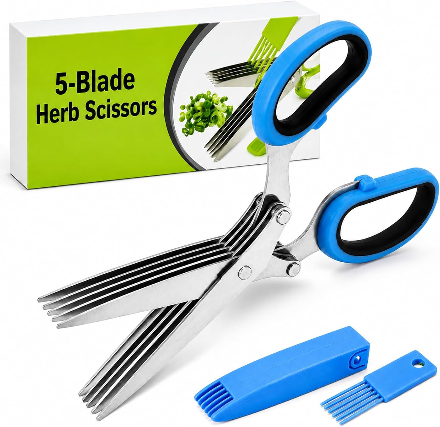 5 Layer Vegetable Shears,Herb Scissors with 5 Blades and Cover，Blue A