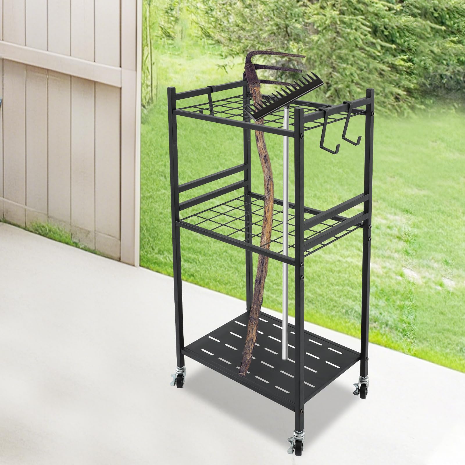 Supporto per attrezzi da giardino, in metallo, per attrezzi da giardino, 43 x 30 x 79,5 cm, con ruote per giardino e garage