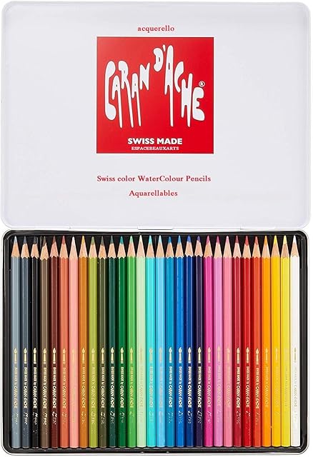 Caran D'ache Swisscolor WaterColour Pencils in Metal Box (Pack of 30) and 1 EMI Craft postcards