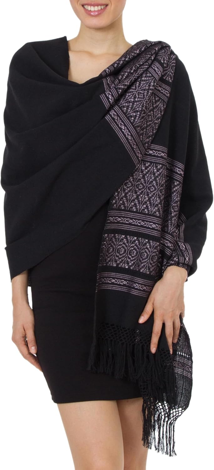 NOVICA Artisan Handmade Zapotec Cotton Rebozo Shawl Geometric Patterned Black Mexico Accessories Natural 'Black Zapotec Treasures'