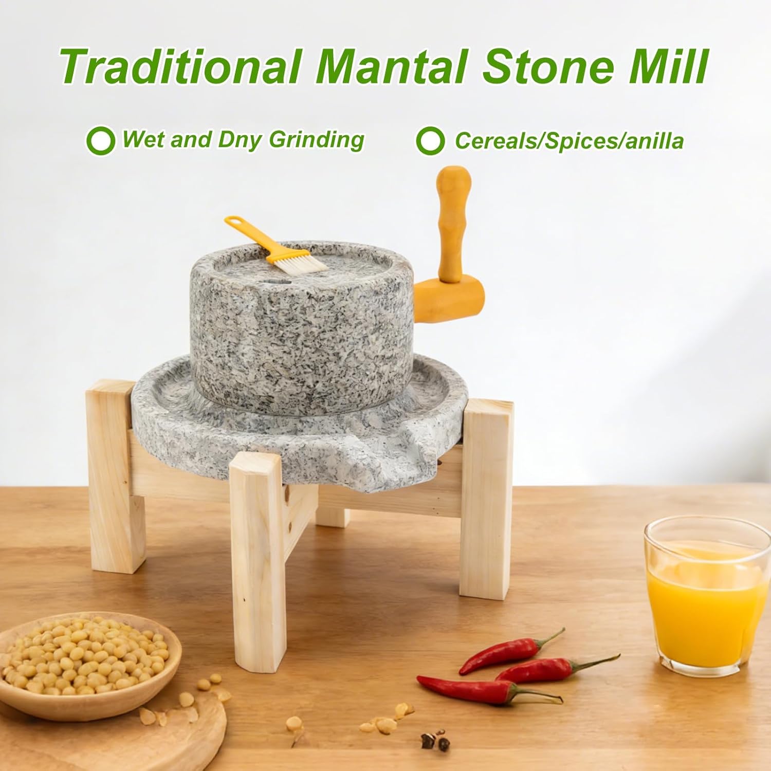 Stone Grain Mill (Solid Wood Base) - Household Traditional Countertop Grinder，Artisanal Natural Stone Grain Mill for Wheat/Spices & Coffee Beans, Ideal for Breads & Tortillas