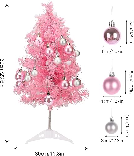 Miniatura 7 de Mini árbol de Navidad artificial de 24 pulgadas, árbol de Navidad de mesa rosa con luz y adorno, pequeño árbol de Navidad de escritorio preiluminado