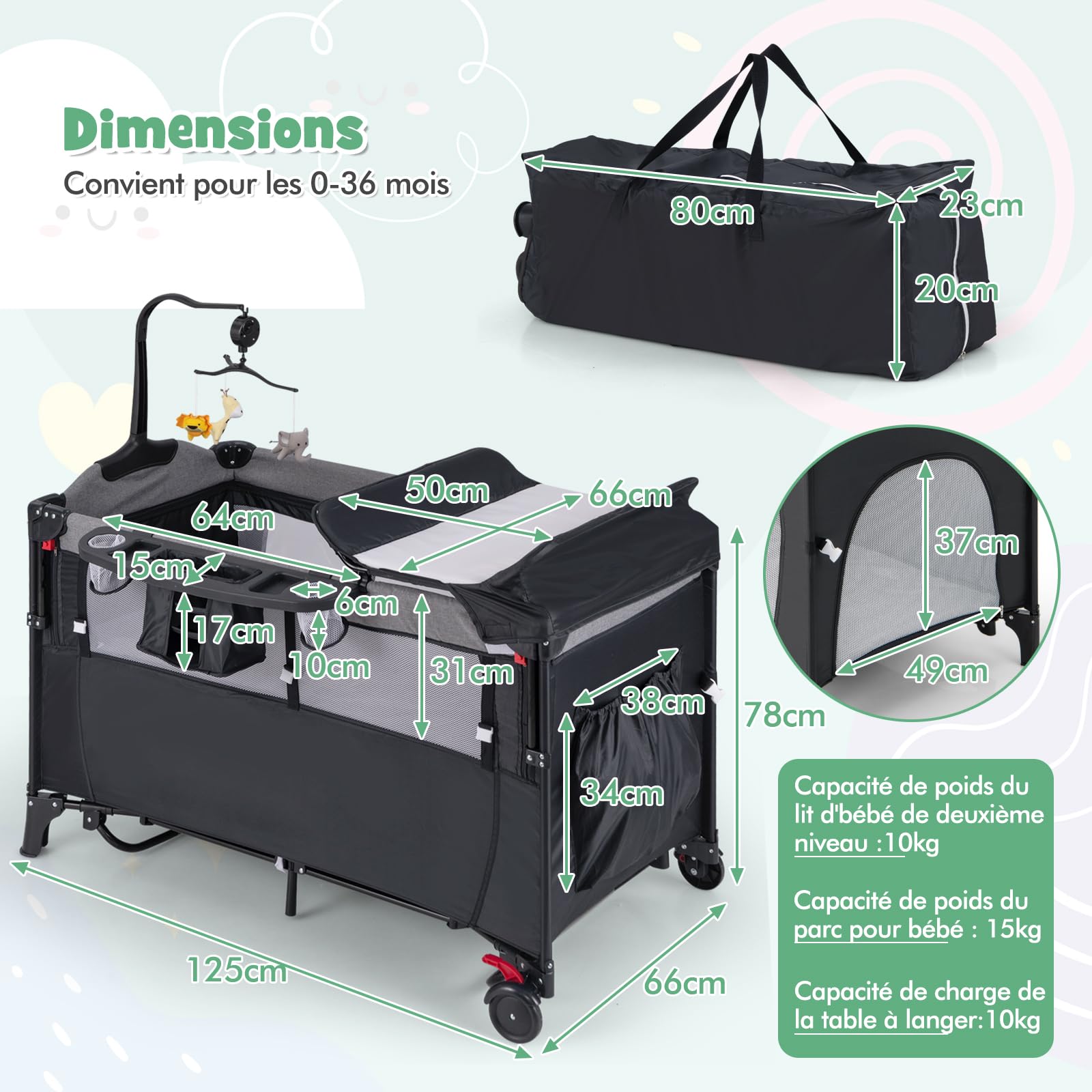 DREAMADE 5 en 1 Lit Parapluie Bébé 125x65x78CM avec Matelas,Lit Cododo Tout-Petites 0-3 Ans avec Hauteur Réglable,Boîte à Musique,Roues avec Freins,Table à Langer,Porte-Couches,Jouets (Nouveau, Noir)