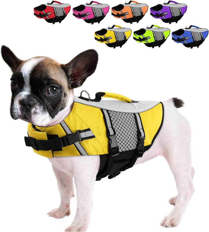 Colete salva-vidas para cães Queenmore com alça de resgate e faixas refletivas – Amarelo, tamanho S