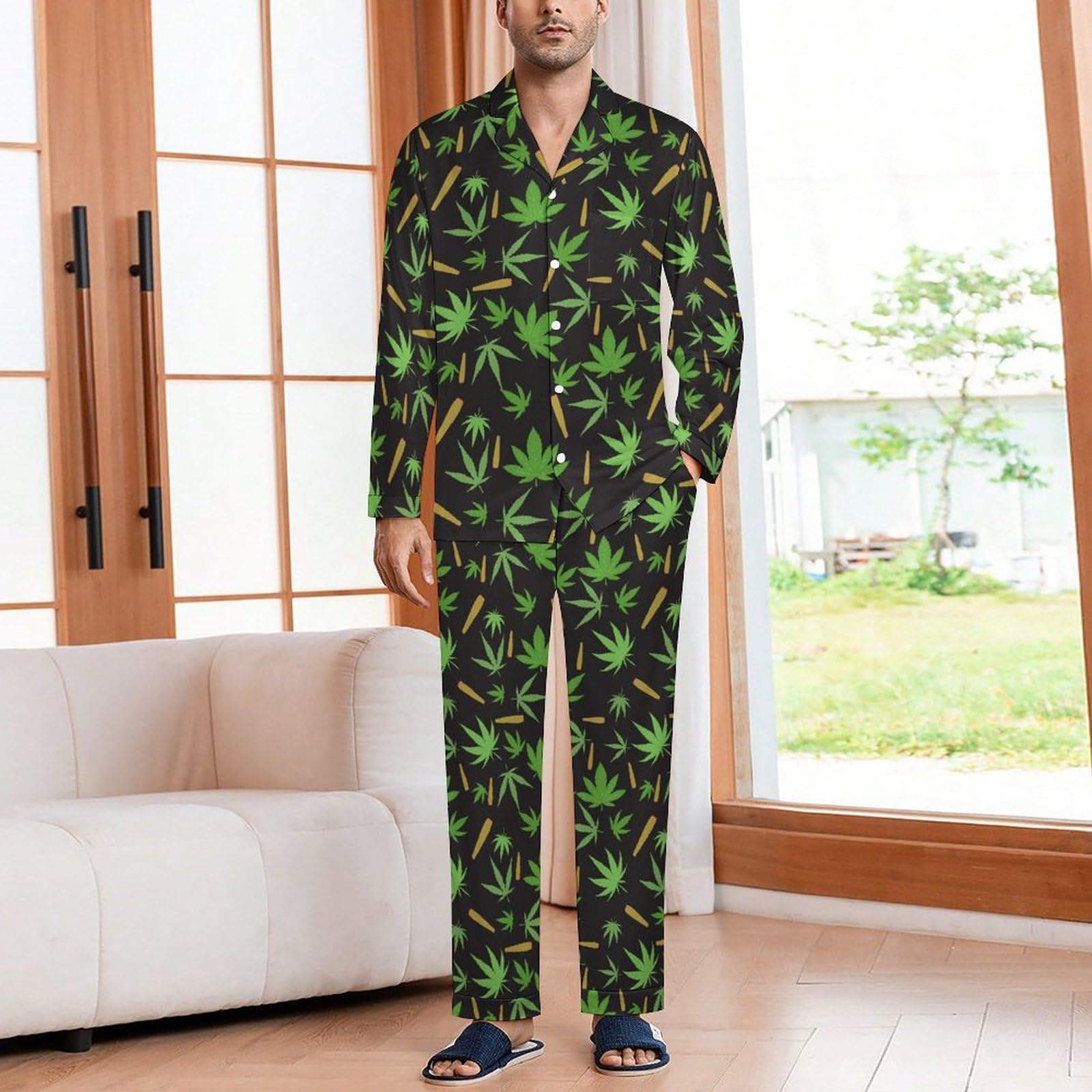 Marijuana Weed Men's Pajamas Set Soft Loungewear Pjs Long Sleeve Cuban Shirt with Pajama Pants L