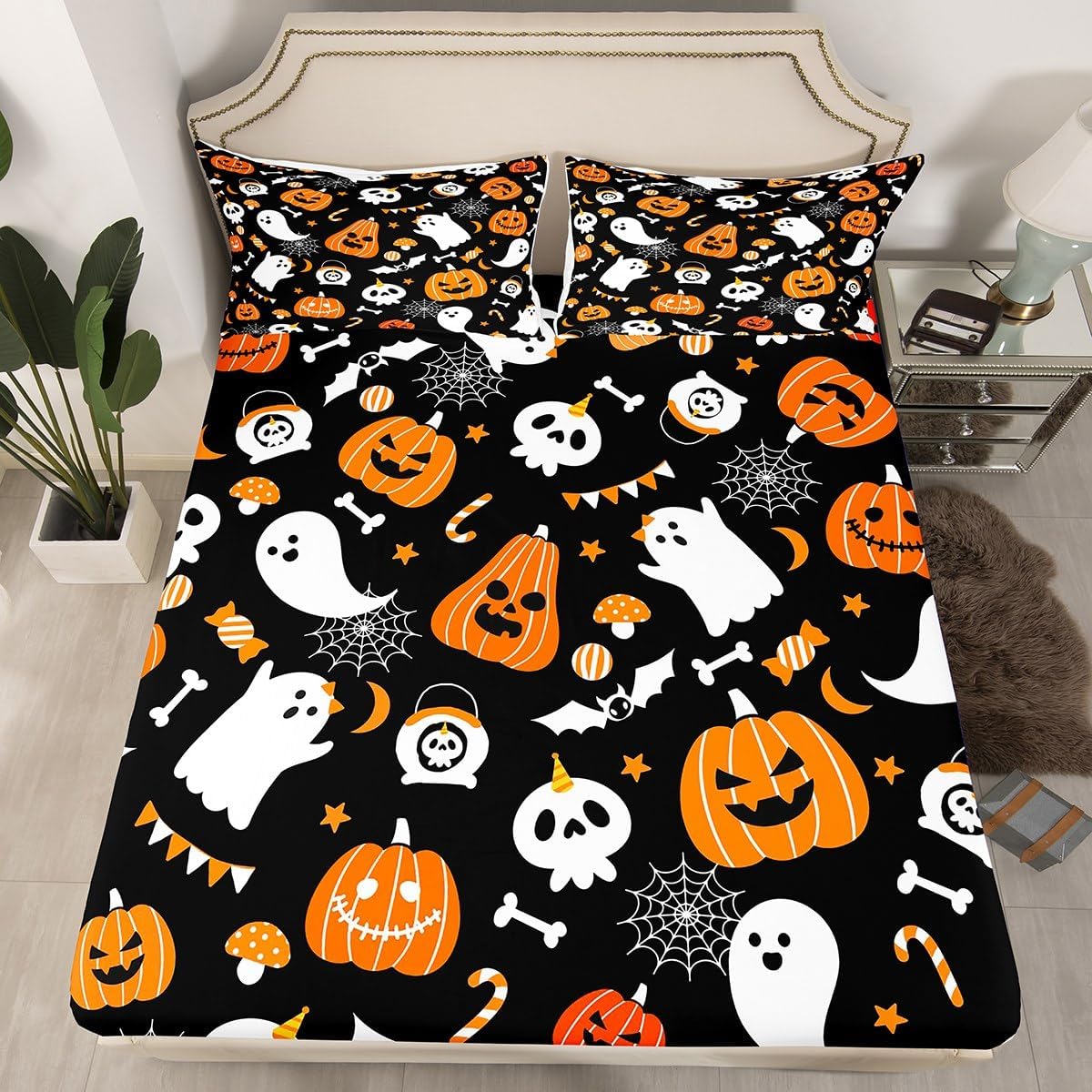 Feelyou Happy Halloween Bed Sheets Set Full Size Kawaii Ghost Printed Deep Pocket Fitted Sheet Pumpkin Bedding Sets Black White Orange Soft Bed Set 4Pcs with 2 Pillow Cases