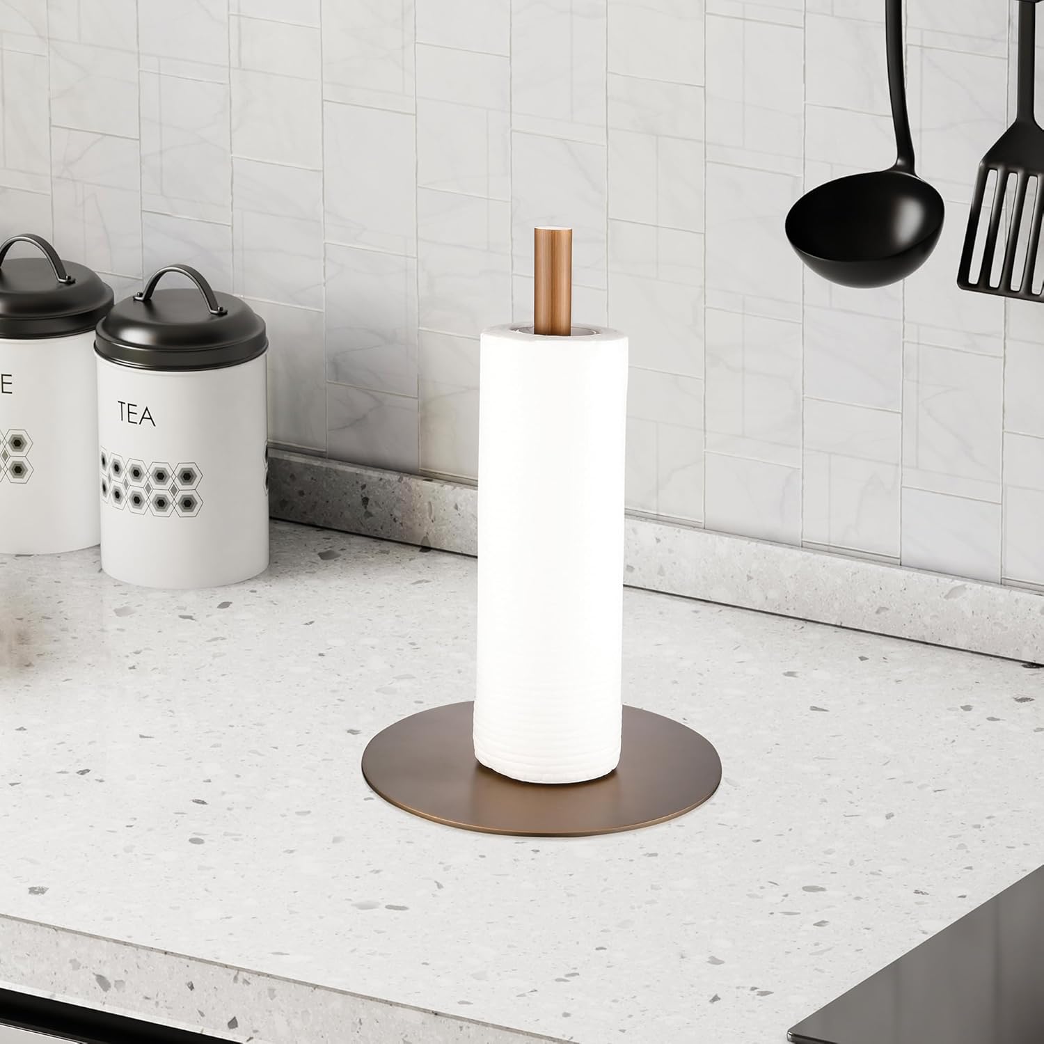 Paper Towel Holder Countertop, Weighted Freestanding Paper Roll Holders for Kitchen Counter, Exquisite 9-Gauge Solid Pure Brass Paper Roll Holder - Oil Rubbed Bronze, One Pack