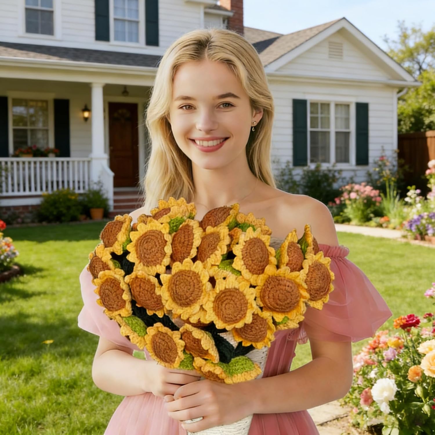 43''Flower Bouquet Blanket,Handmade Crochet Sunflower Bouquet Blanket, Round Soft Knitted Floral Throw Blanket for Mother's Day, Birthday, Home & Sofa Decor (Finished Product) Medium（43X43 Inches）