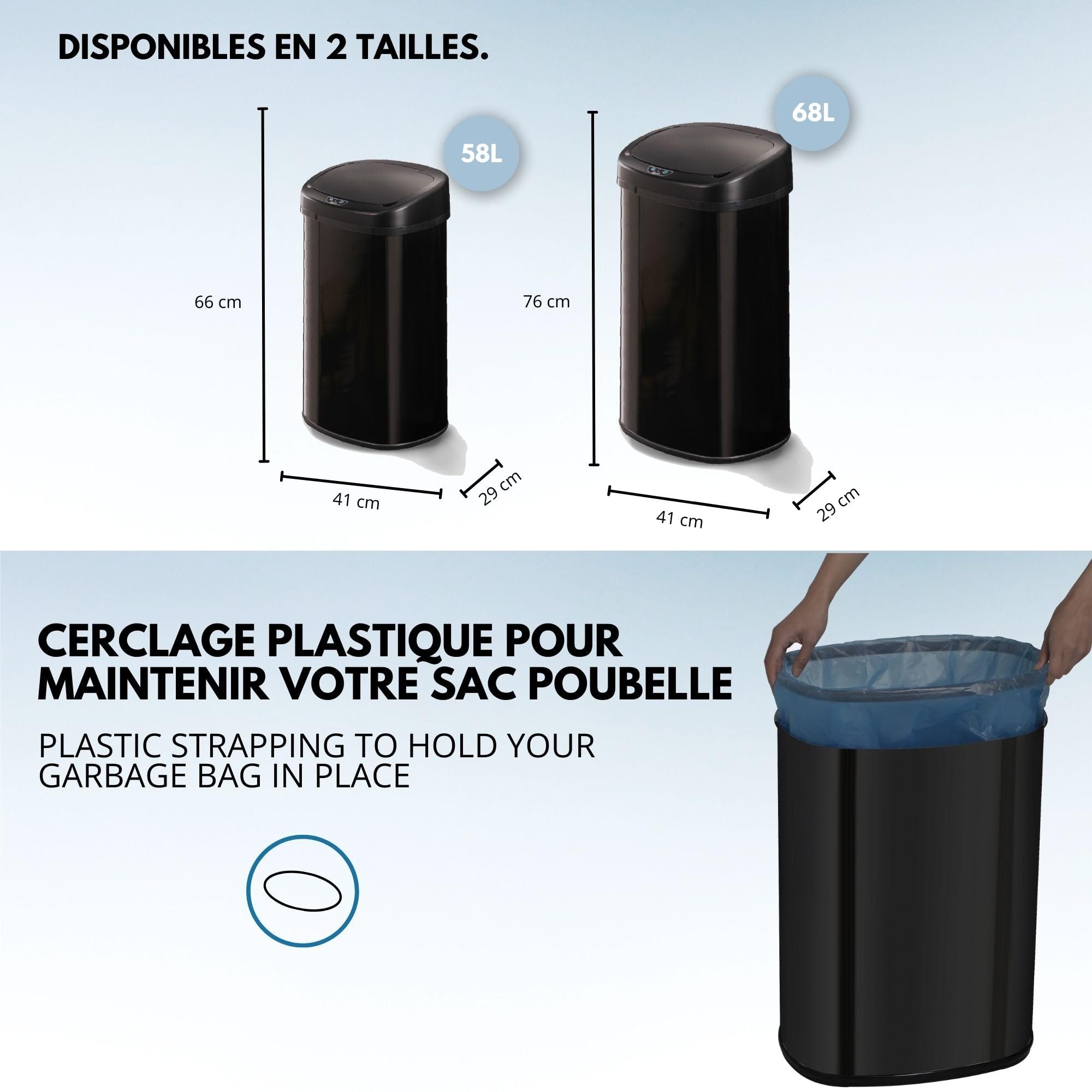 KITCHEN MOVE Poubelle de cuisine automatique 58L MAJESTIC grande capacité noir mat en acier INOX avec cerclage