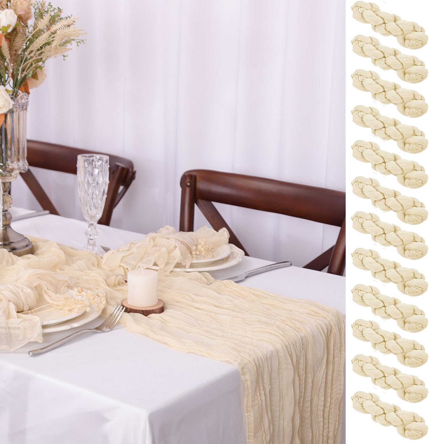 Cheesecloth Table Runner 35 x 134 Inch Long Set of 12 Gauze Boho Rustic Cheese Cloth Table Runner 11ft for Wedding Bridal Shower Summer Decoration (Beige)