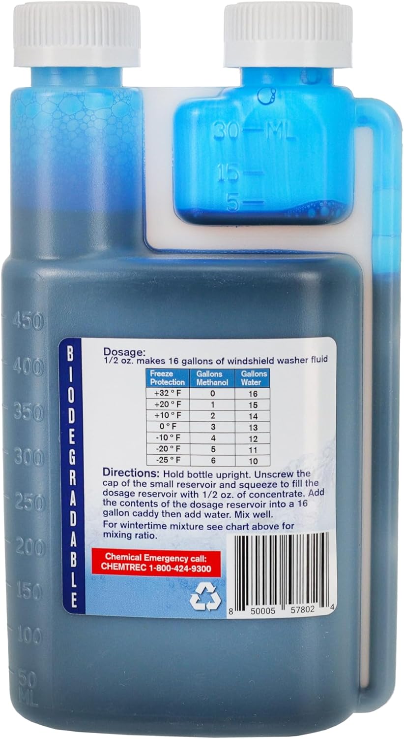 Windshield Washer Fluid Concentrate, 1 Bottle Makes 880 Gallons, 1 oz. Makes 55 Gallons - 100% Biodegradable Grime & Dirt Remover, Superior Commercial Grade Glass Cleaner