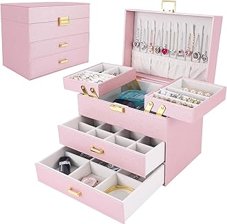 Dajasan Jewelry Boxes for Women Girls, Jewelry Storage Organizer, 4 Layers Large Jewelry Organizer Box with 2 Drawers for Friends, Wife or Mother Gift (Pink)