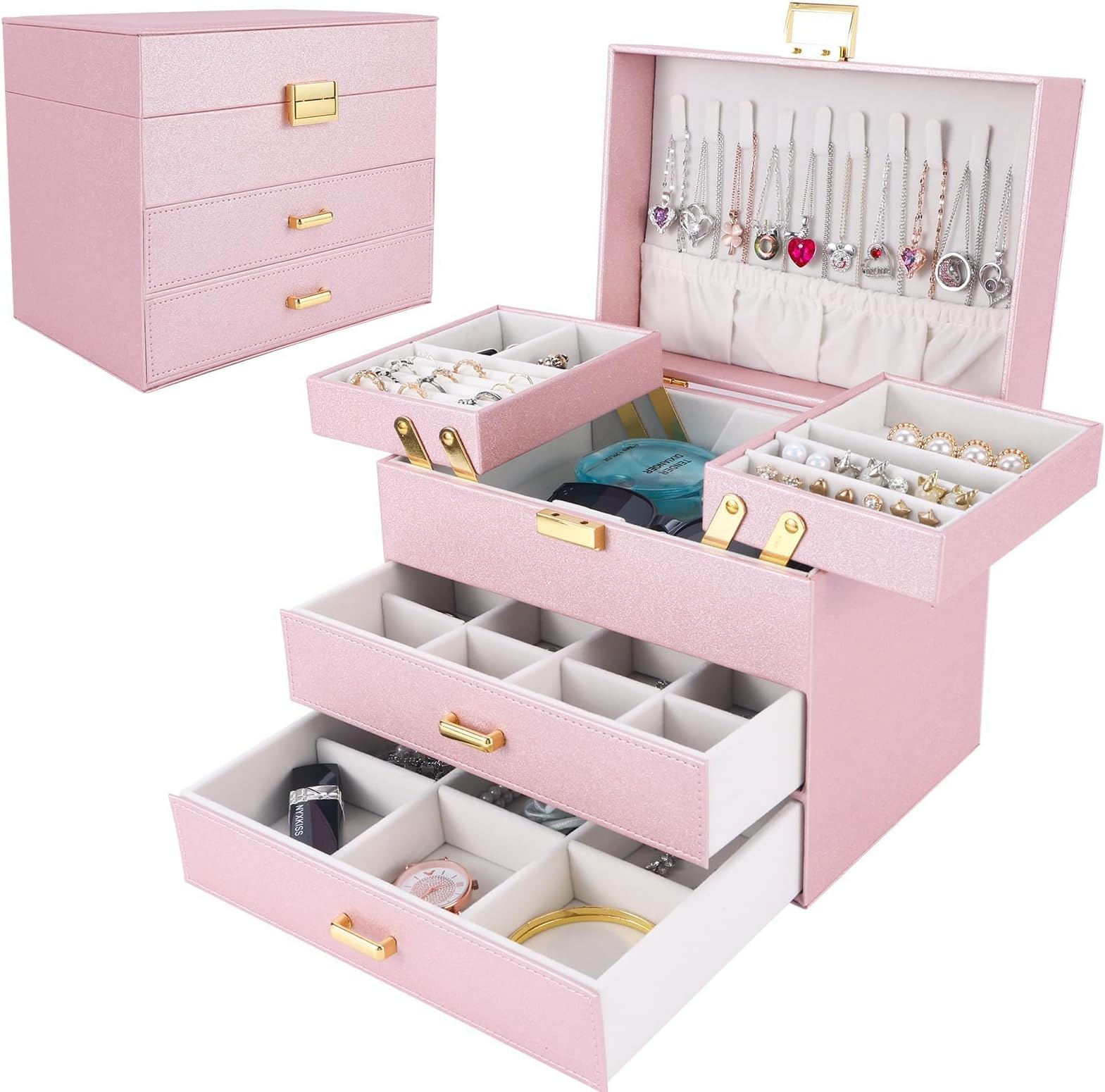 Dajasan Jewelry Boxes for Women Girls, Jewelry Storage Organizer, 4 Layers Large Jewelry Organizer Box with 2 Drawers for Friends, Wife or Mother Gift (Pink)