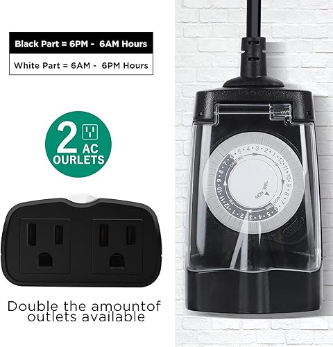 Miniatura 2 de G-Homa Toma de temporizador mecánica para exteriores de 24 horas, temporizador al aire libre para luces, impermeable, 2 tomas de tierra, 15 A 12 HP,