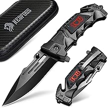 NedFoss DA75 Folding Knife, 10 cm One-Handed Knife with Belt Cutter & Glass Breaker, Rescue Knife with Liner Lock & Ball Bearing, Survival Knife for Car, Rescue Knife with Engraving, Gift for Lovers