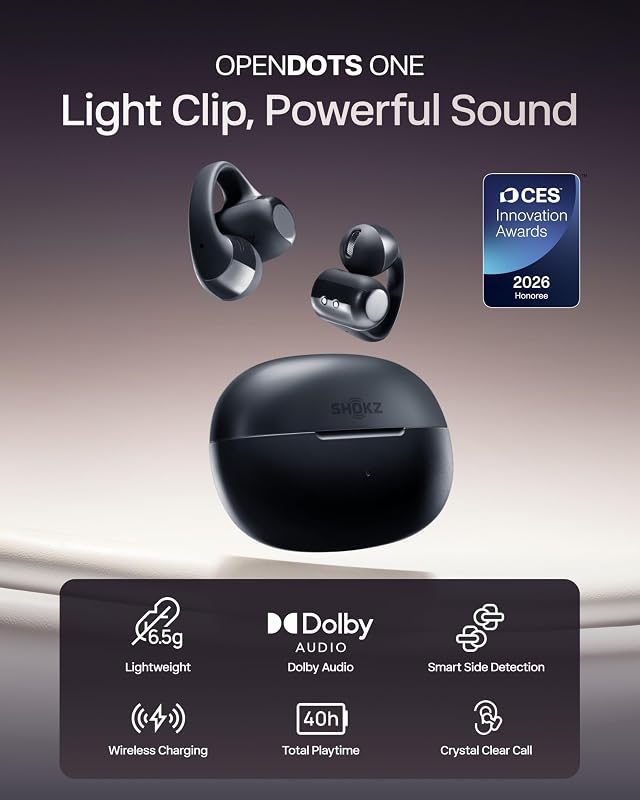 SHOKZ OpenDots ONE Open-Ear Clip-On Bluetooth Earbuds, Black, Dolby Audio image 3
