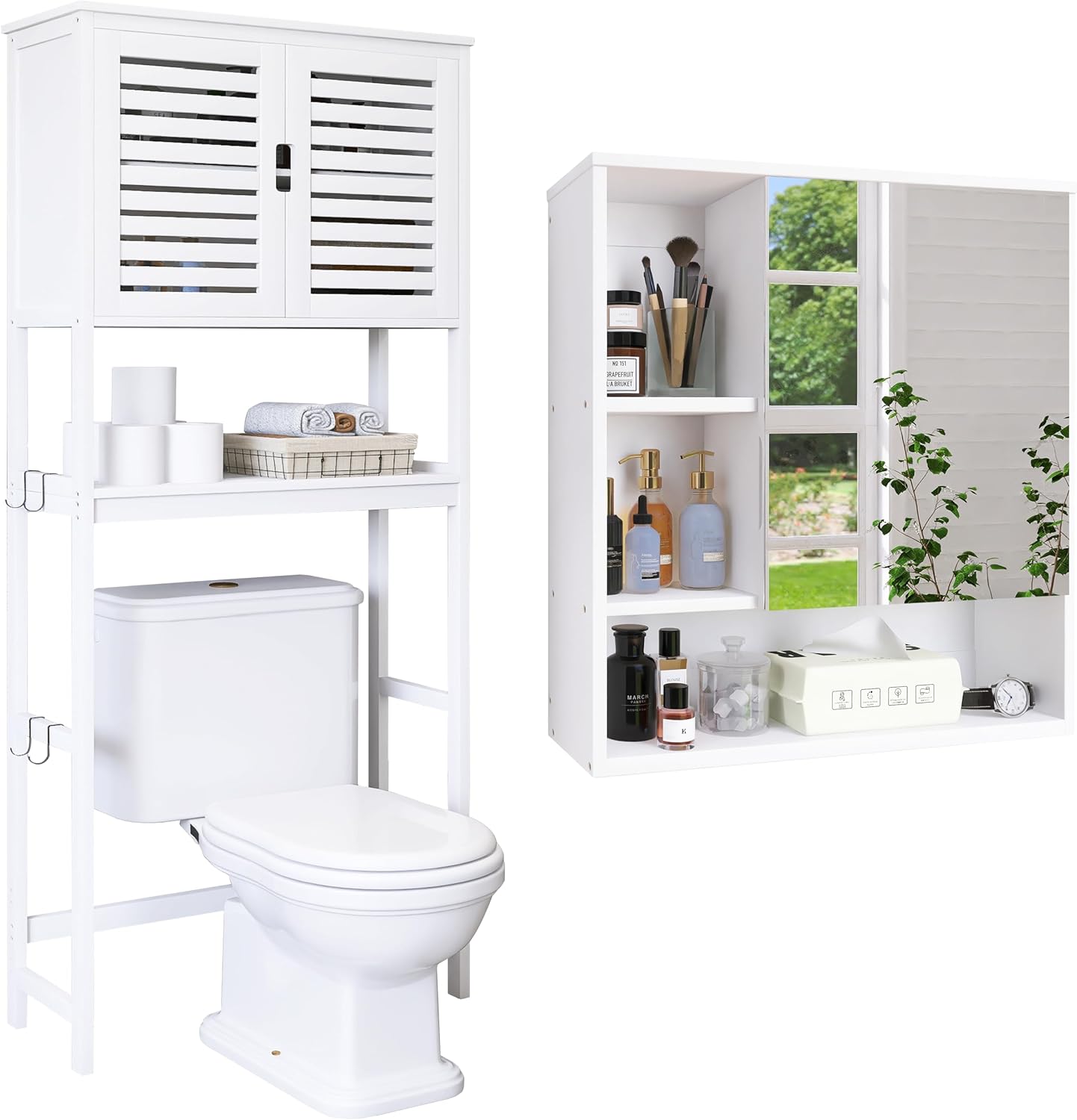 SMIBUY Bathroom Storage Shelf with Cabinet and Mirror Cabinet Wall Mounted, Freestanding Toilet Space Saver with 3-Tier Adjustable Shelves and Over Toilet Storage Cabinet with Mirror Door (White)